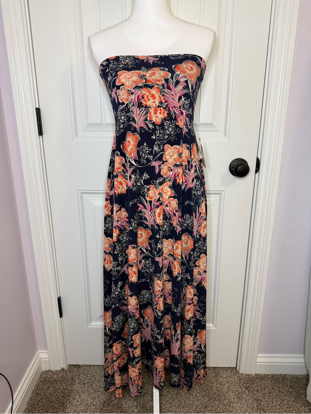 NWT LuLaRoe Navy Strapless Floral Maxi Dress with Coral Pink Flowers / Skirt